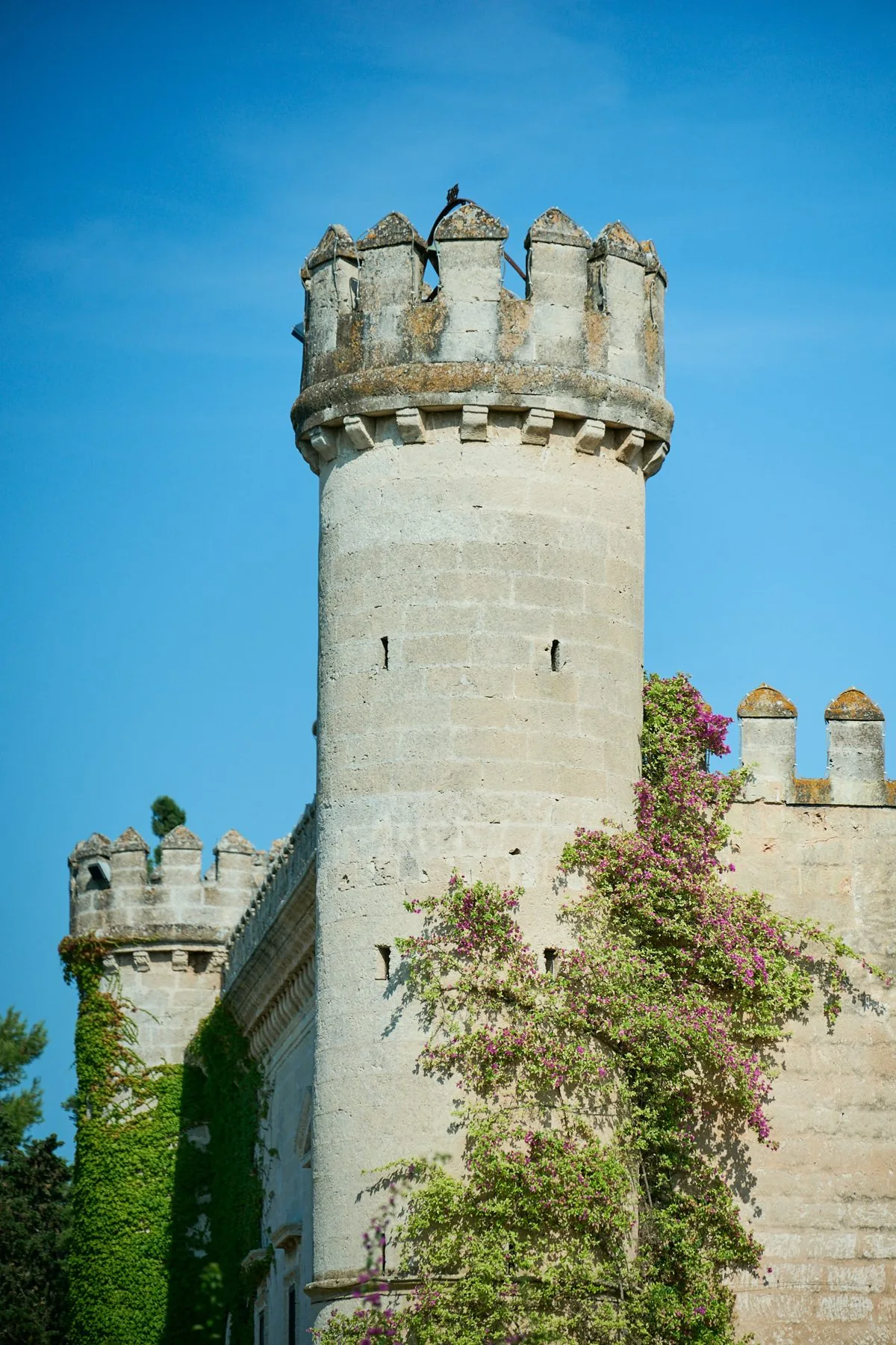 Dettaglio della torre di Castello Monaci contro il cielo azzurro